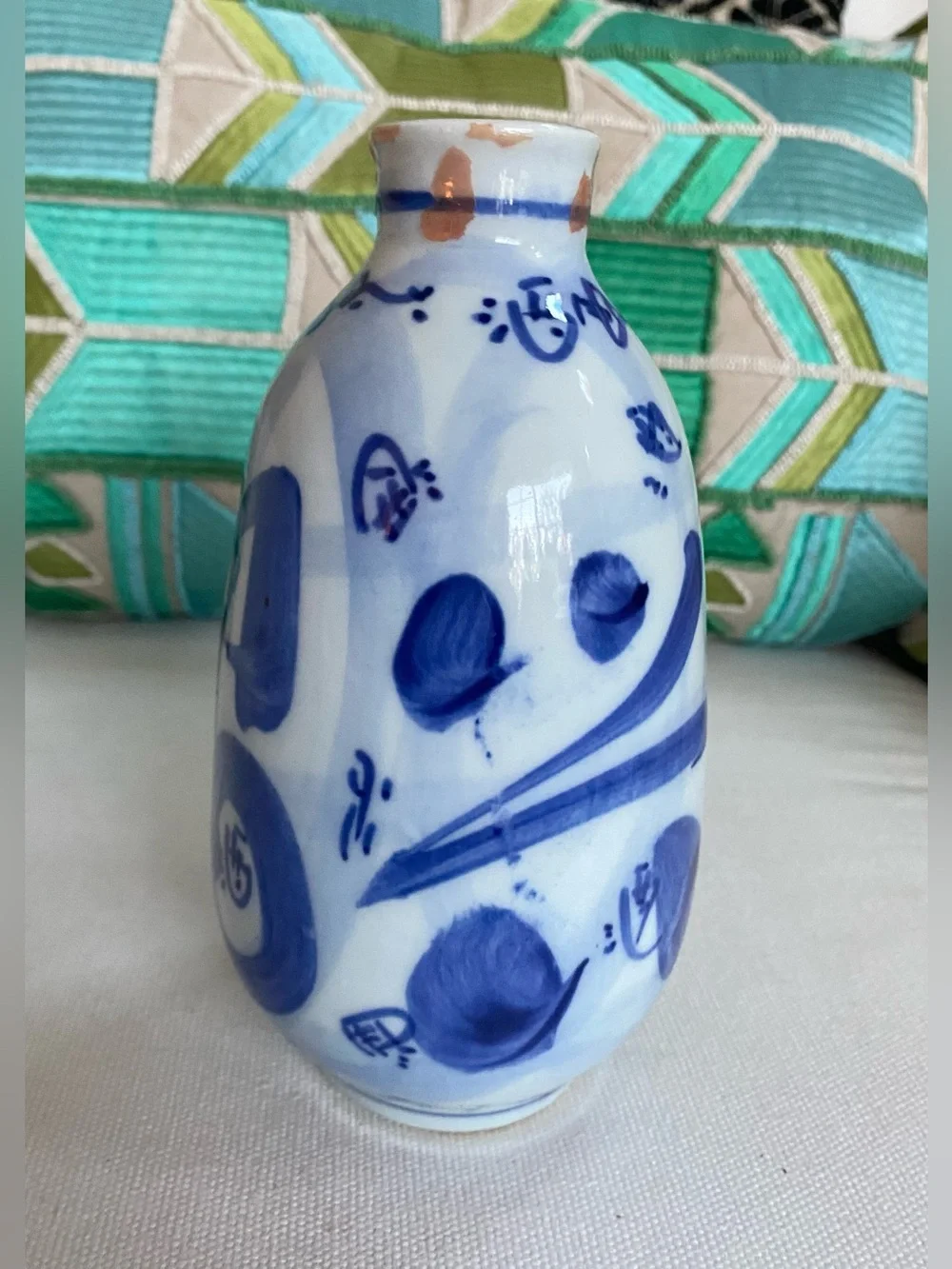 VTG Japanese Flow Blue White Wine Bottle Vase Hand painted 7”